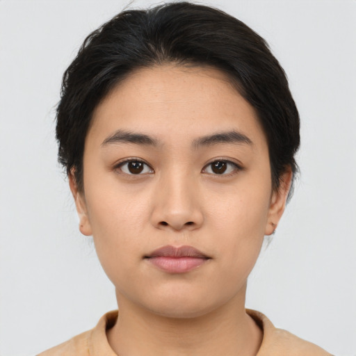 Neutral asian young-adult female with short  black hair and brown eyes