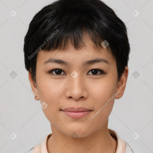 Joyful asian young-adult female with short  brown hair and brown eyes