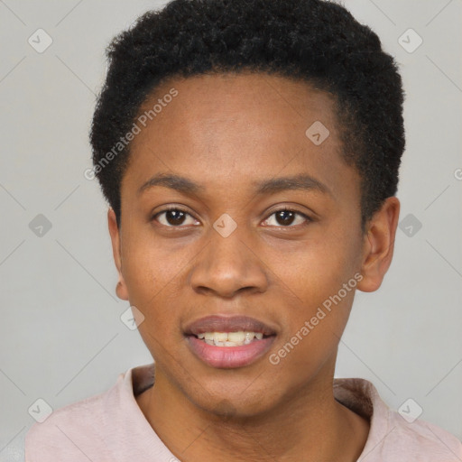 Joyful latino young-adult female with short  black hair and brown eyes