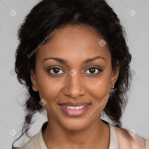 Joyful black young-adult female with long  brown hair and brown eyes