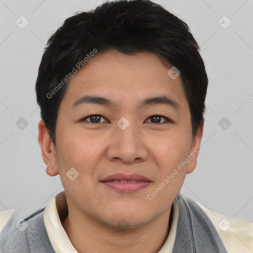 Joyful asian young-adult female with short  brown hair and brown eyes