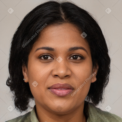 Joyful black young-adult female with medium  brown hair and brown eyes