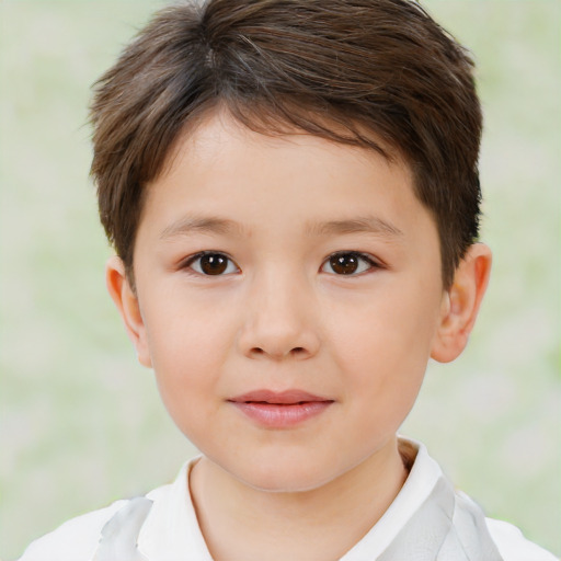 Joyful white child female with short  brown hair and brown eyes
