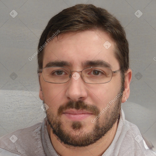 Joyful white adult male with short  brown hair and brown eyes