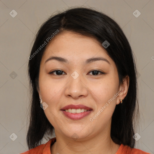 Joyful asian young-adult female with medium  black hair and brown eyes