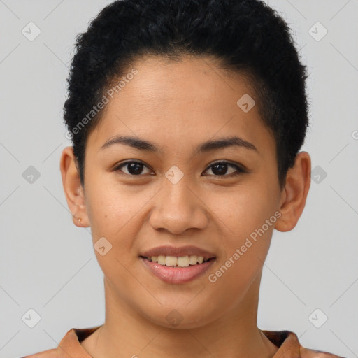 Joyful latino young-adult female with short  brown hair and brown eyes