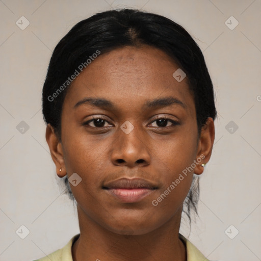 Joyful latino young-adult female with short  black hair and brown eyes