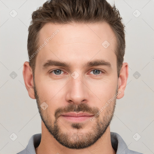 Neutral white young-adult male with short  brown hair and brown eyes