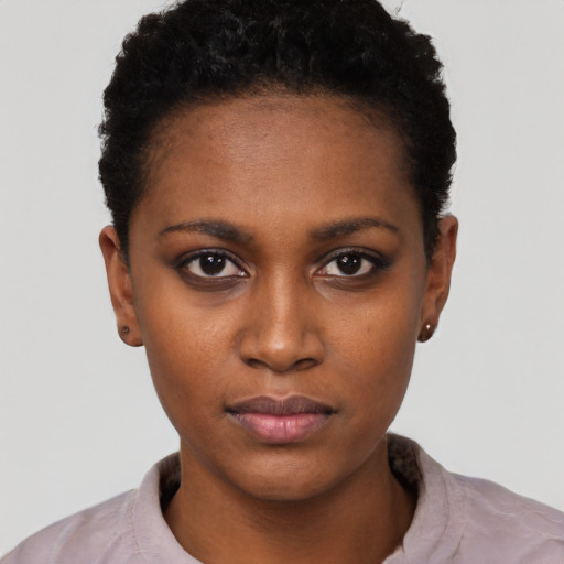 Neutral black young-adult female with short  black hair and brown eyes