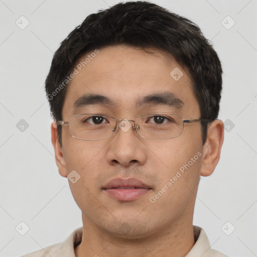 Neutral asian young-adult male with short  brown hair and brown eyes