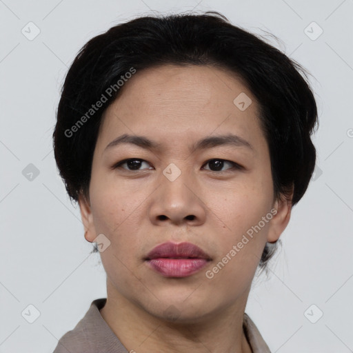 Neutral asian young-adult female with short  black hair and brown eyes