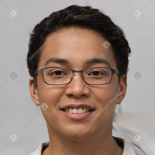 Joyful white adult female with short  brown hair and brown eyes