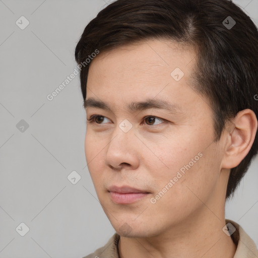 Neutral white young-adult male with short  brown hair and brown eyes