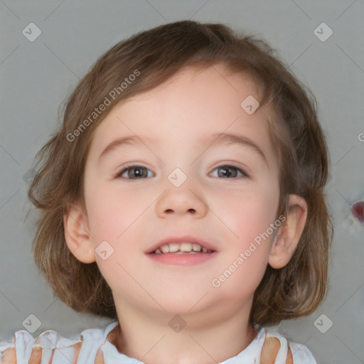 Joyful white child female with medium  brown hair and brown eyes