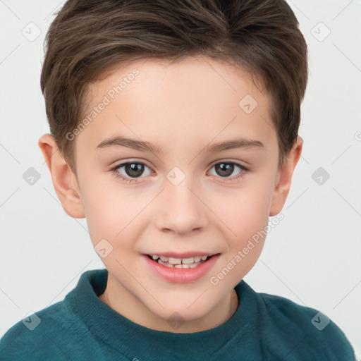 Joyful white child female with short  brown hair and brown eyes