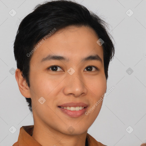 Joyful asian young-adult male with short  brown hair and brown eyes