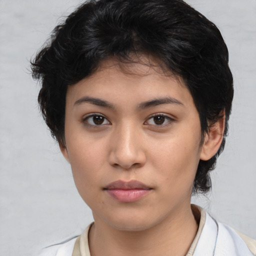 Neutral latino young-adult female with medium  brown hair and brown eyes
