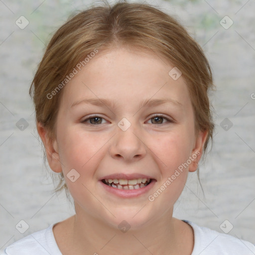 Joyful white child female with medium  brown hair and brown eyes