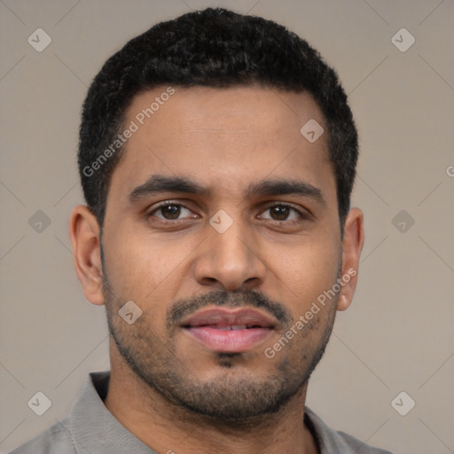 Neutral latino young-adult male with short  black hair and brown eyes