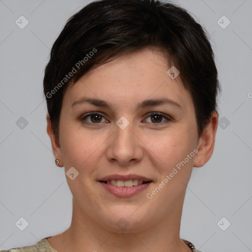 Joyful white young-adult female with short  brown hair and brown eyes