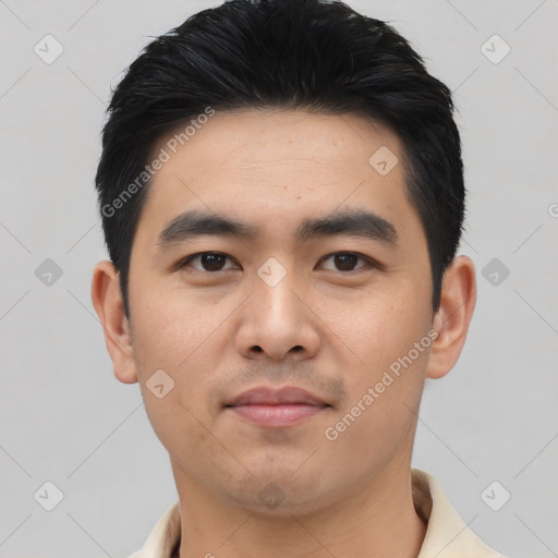 Neutral asian young-adult male with short  black hair and brown eyes