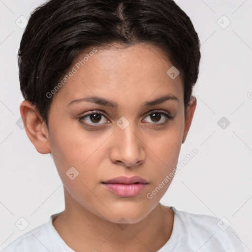 Neutral white young-adult female with short  brown hair and brown eyes