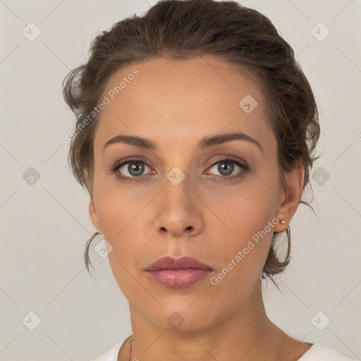 Neutral white young-adult female with medium  brown hair and brown eyes