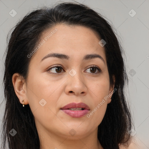 Joyful asian young-adult female with long  brown hair and brown eyes