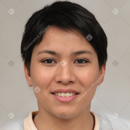 Joyful asian young-adult female with short  brown hair and brown eyes