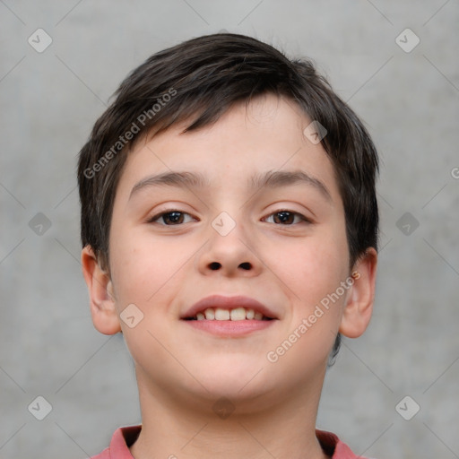 Joyful white child male with short  brown hair and brown eyes