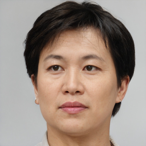 Neutral asian adult female with short  brown hair and brown eyes
