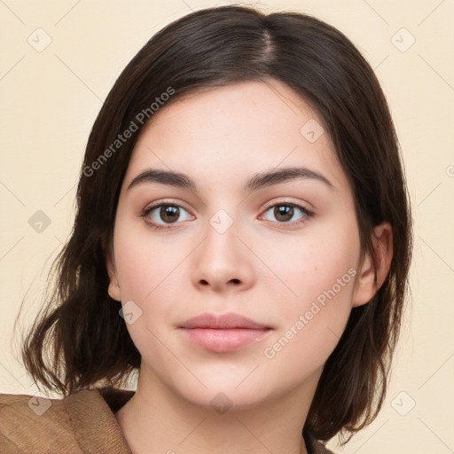 Neutral white young-adult female with medium  brown hair and brown eyes