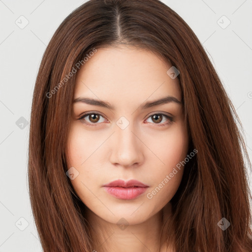 Neutral white young-adult female with long  brown hair and brown eyes