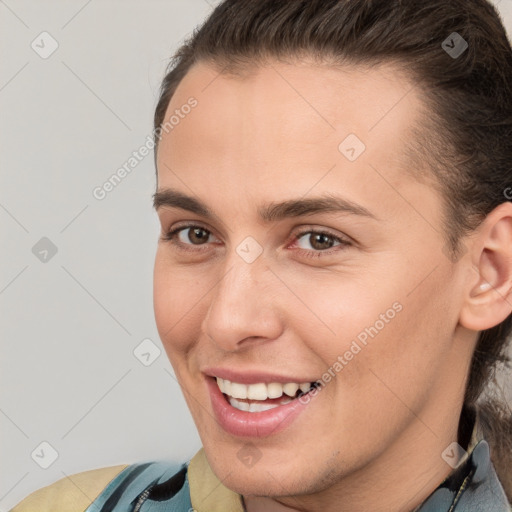 Joyful white young-adult female with short  brown hair and brown eyes