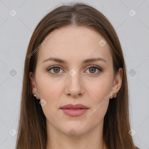 Joyful white young-adult female with long  brown hair and green eyes