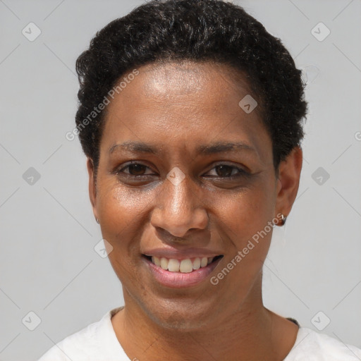 Joyful black adult female with short  brown hair and brown eyes