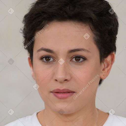 Neutral white young-adult female with short  brown hair and brown eyes