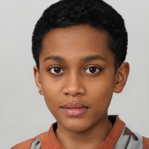 Neutral black young-adult female with short  black hair and brown eyes