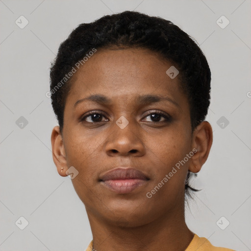 Neutral black young-adult female with short  brown hair and brown eyes