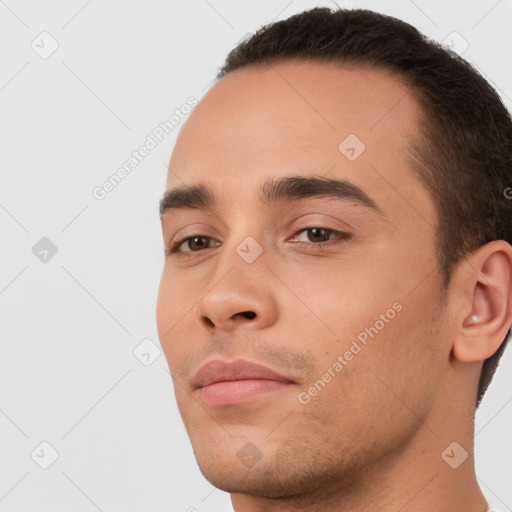 Neutral white young-adult male with short  brown hair and brown eyes