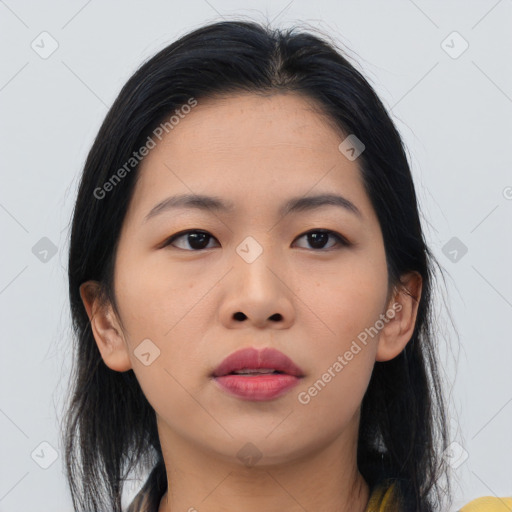 Neutral asian young-adult female with medium  brown hair and brown eyes