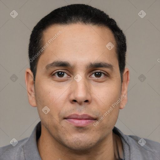 Neutral latino young-adult male with short  black hair and brown eyes