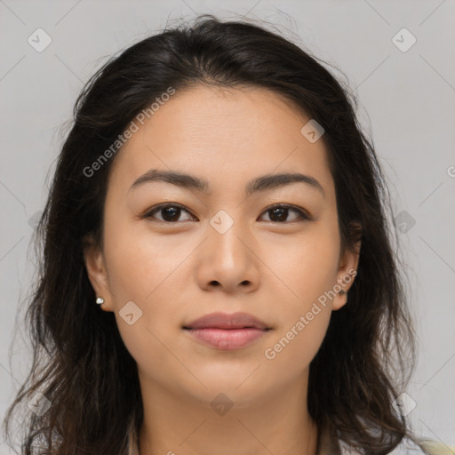 Neutral asian young-adult female with long  brown hair and brown eyes