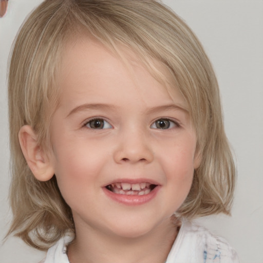 Joyful white child female with medium  blond hair and grey eyes