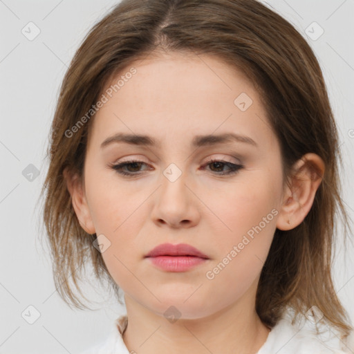 Neutral white young-adult female with medium  brown hair and brown eyes