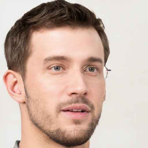 Neutral white young-adult male with short  brown hair and grey eyes