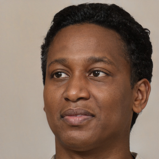 Joyful black young-adult male with short  brown hair and brown eyes