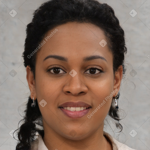 Joyful black young-adult female with medium  brown hair and brown eyes