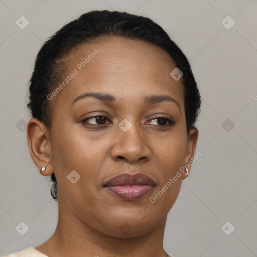 Joyful black adult female with short  brown hair and brown eyes