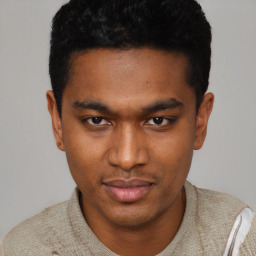 Neutral black young-adult male with short  black hair and brown eyes